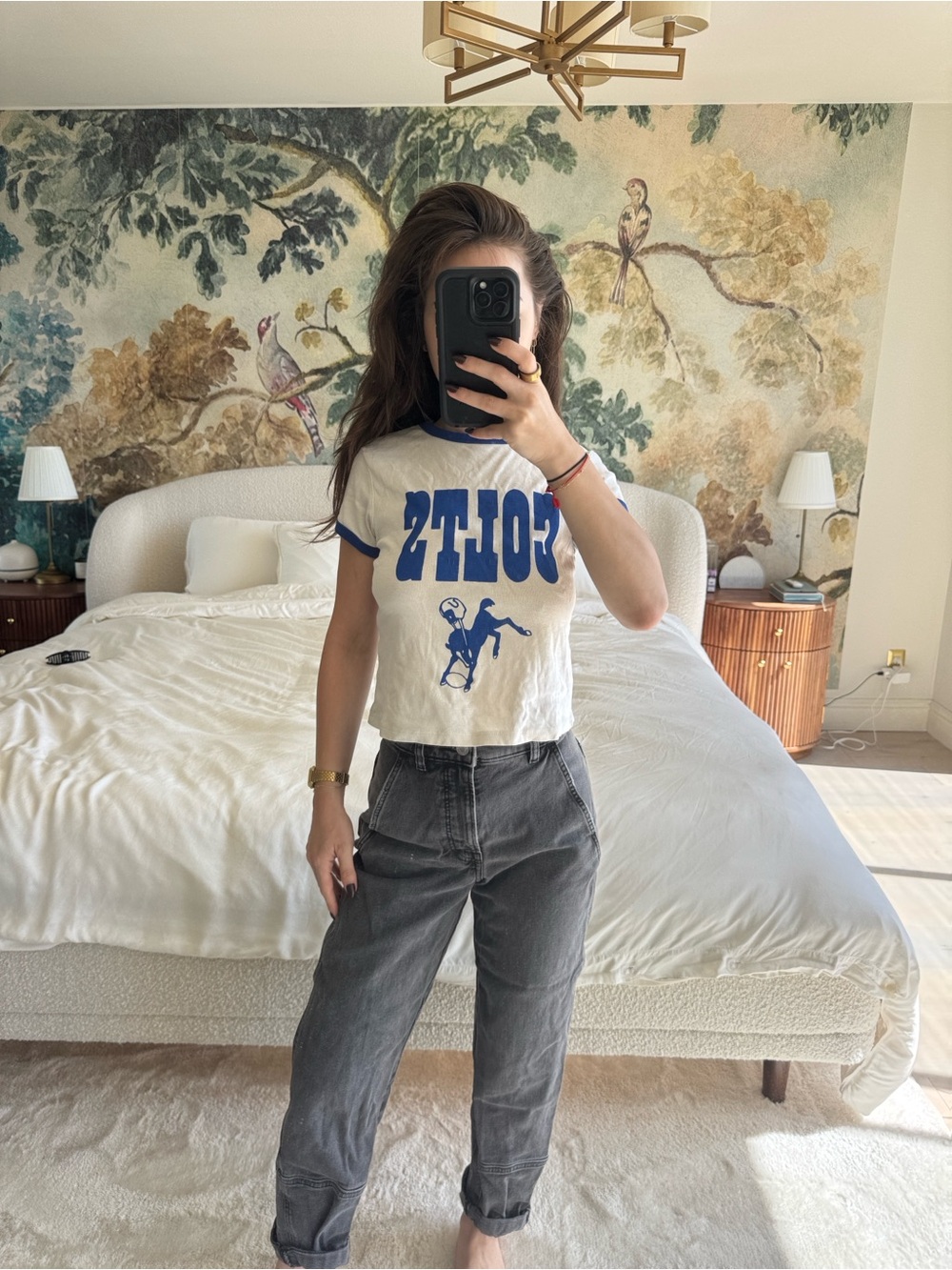 Vintage-Inspired White & Blue Ringer Crop Top - Graphic 'Colts'